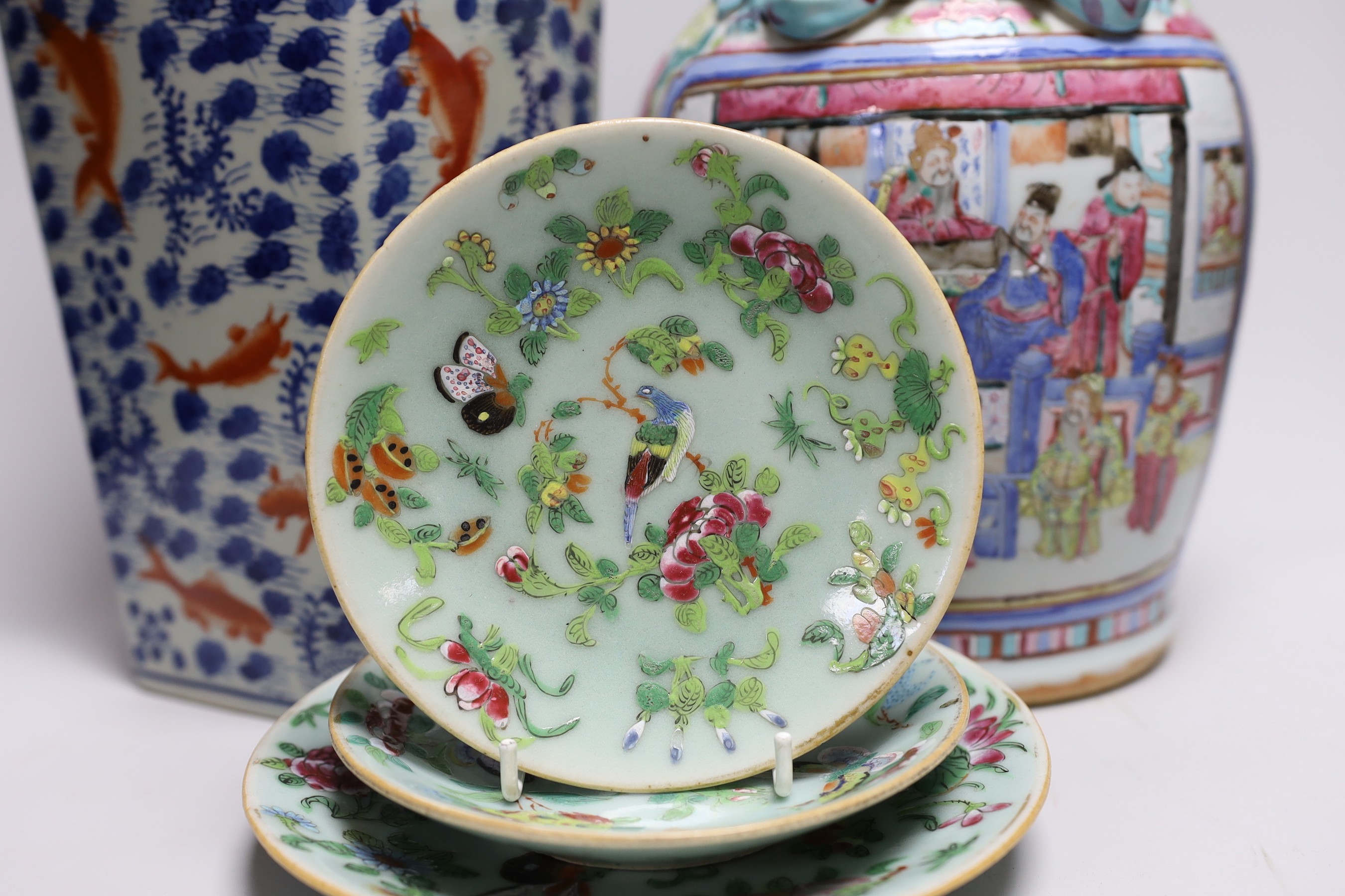 A 19th century Chinese famille rose vase, a squared Chinese vase and three celadon dishes, tallest 36cm
